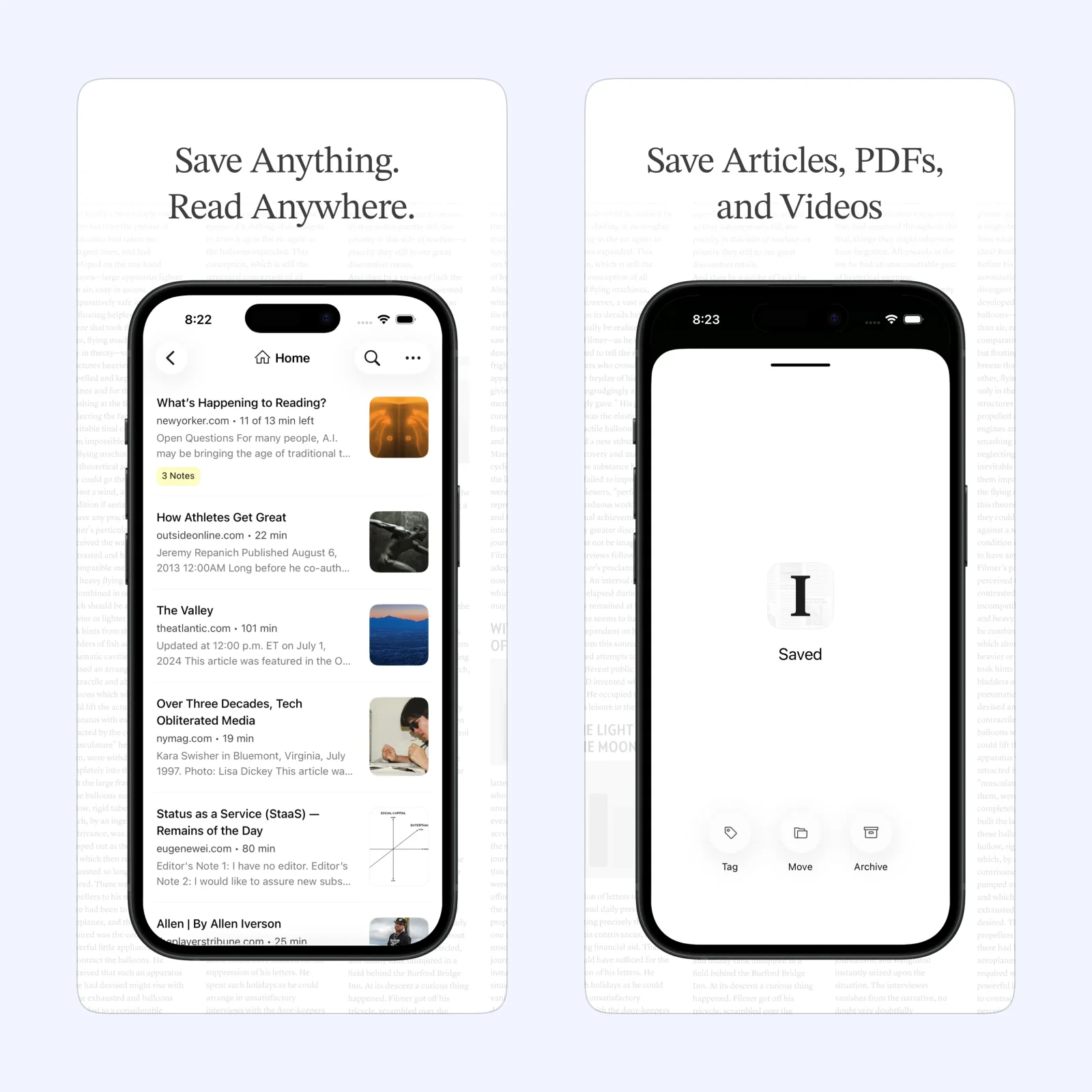 Instapaper screenshots show a saved article list and a clean reading view.