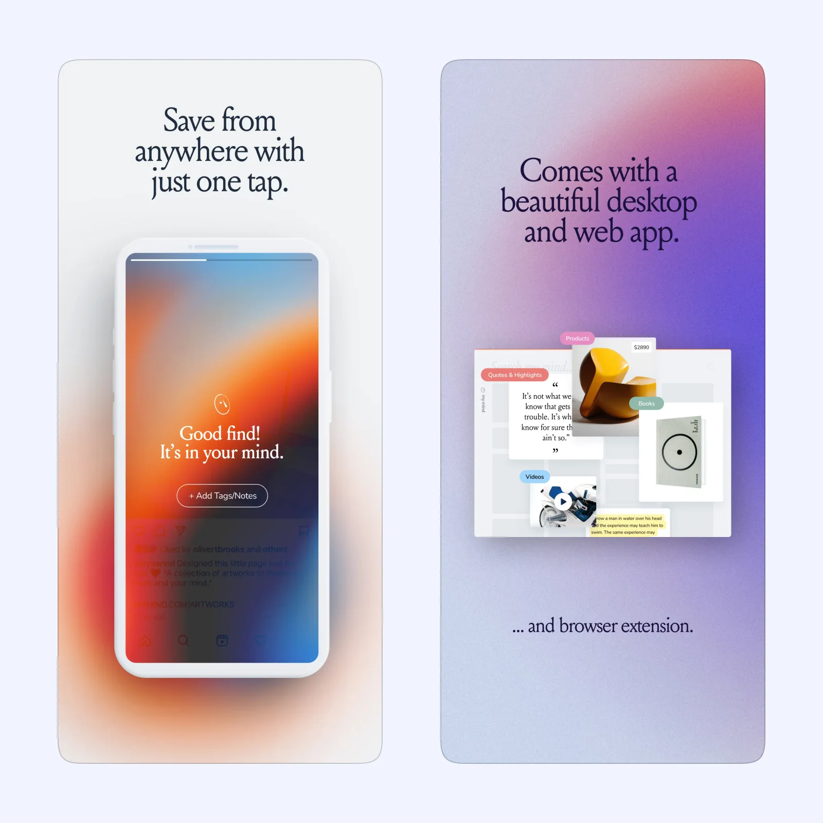 mymind screenshots show visual cards and a searchable collection of saved ideas.