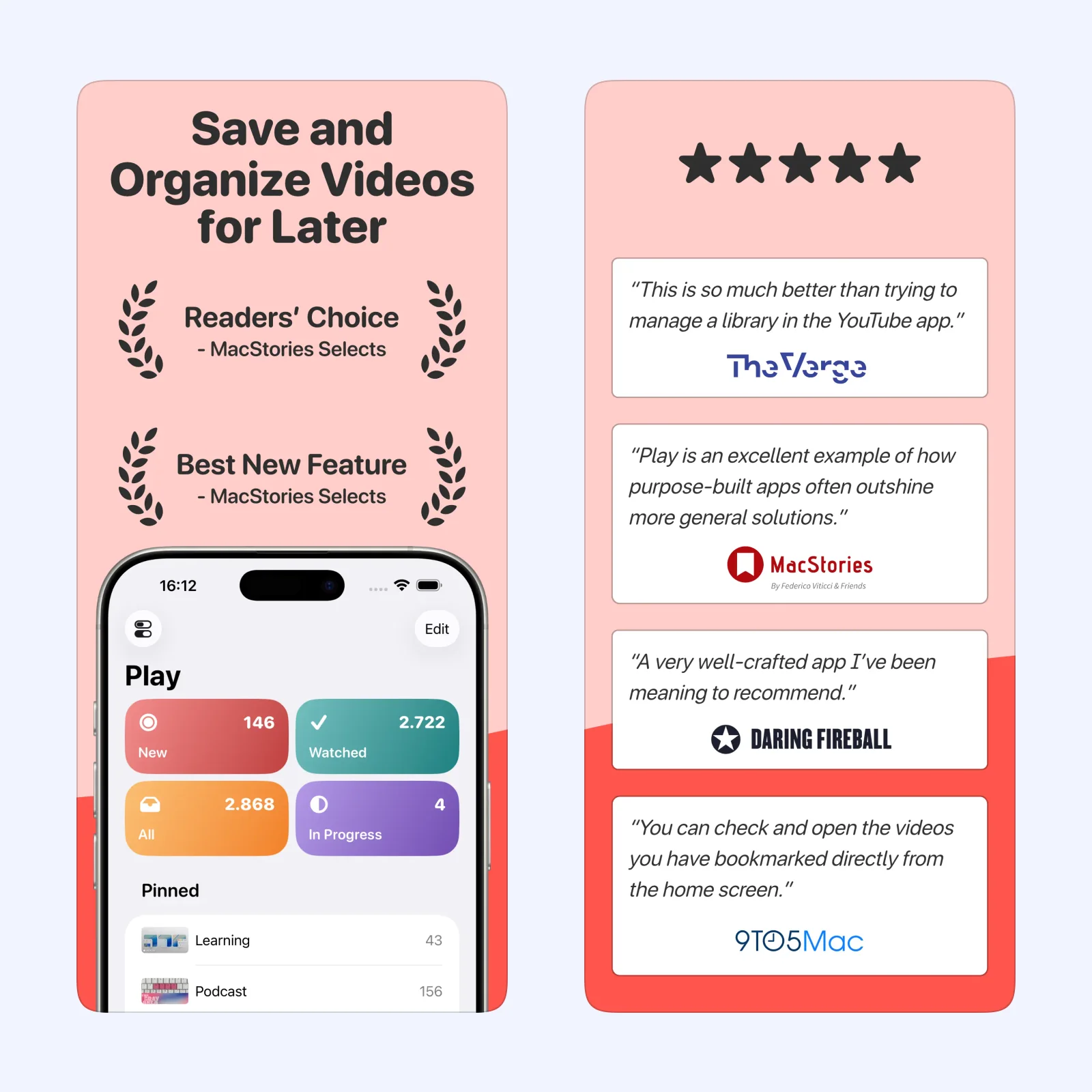 Play screenshots show a video watchlist with thumbnails and organization controls.
