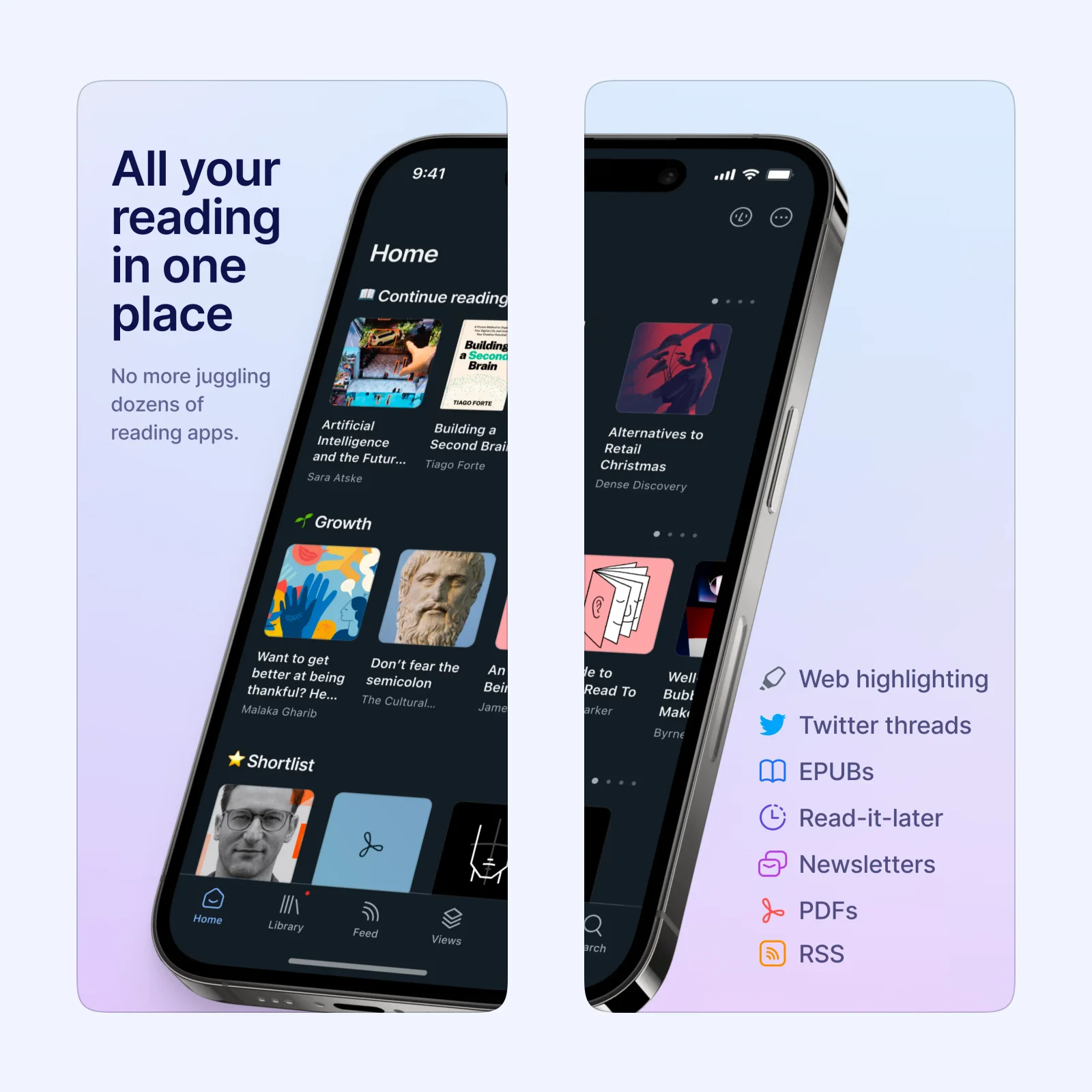 Readwise Reader screenshots show a reading inbox and an article with highlights.