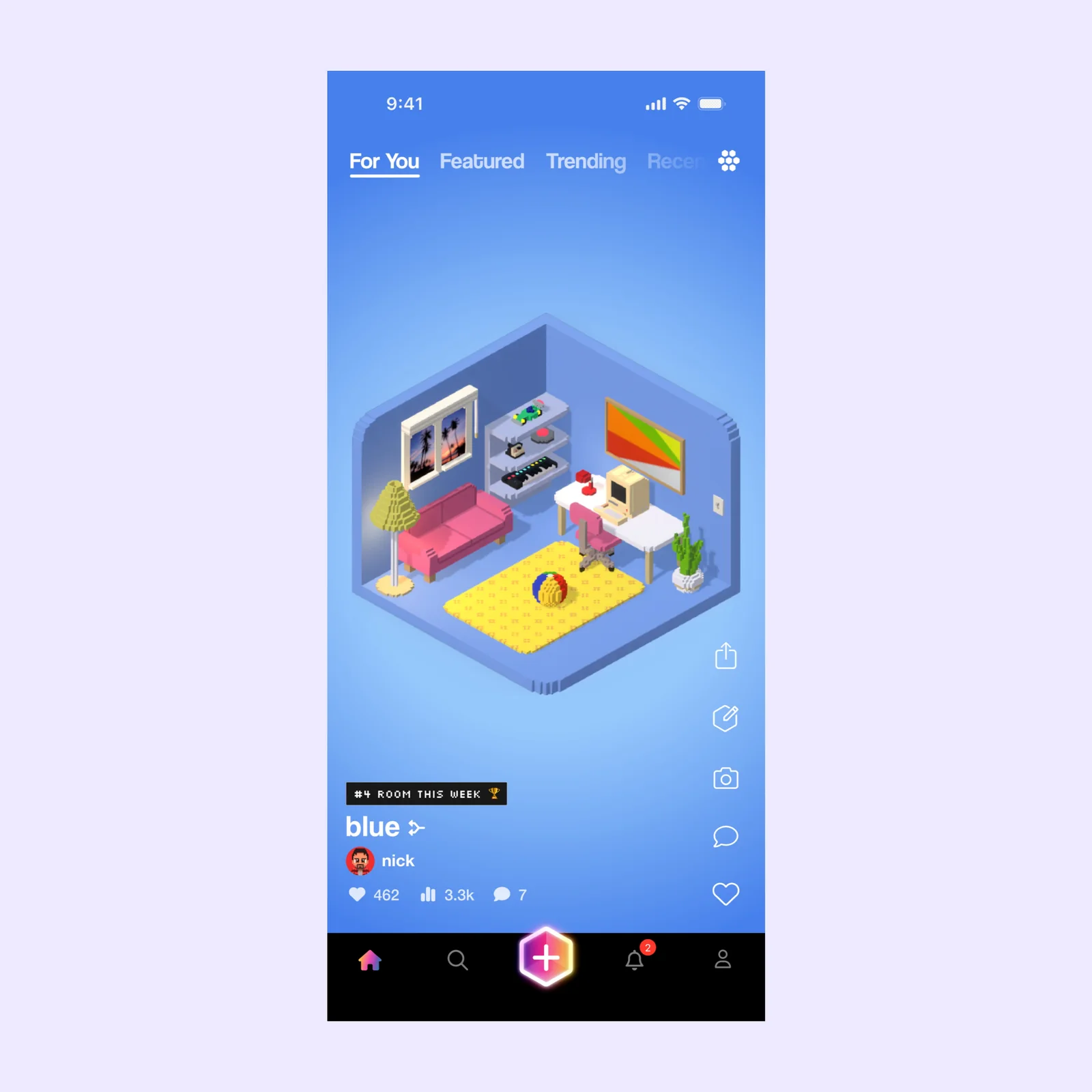 Rooms shows a blue isometric room with a sofa, desk, shelves, plants, and editing controls.