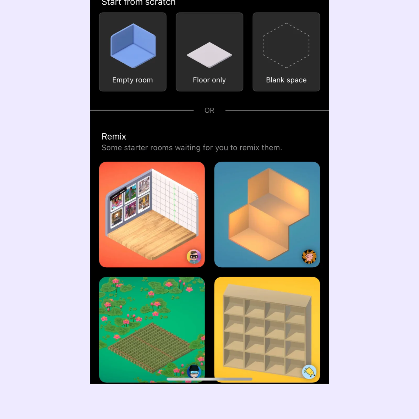 Rooms offers an empty room, floor-only space, blank canvas, and remixable starter rooms.