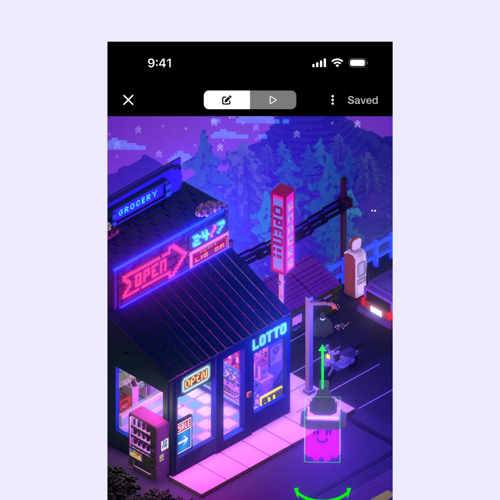 The Rooms editor displays a neon scene with controls for the selected 3D object.