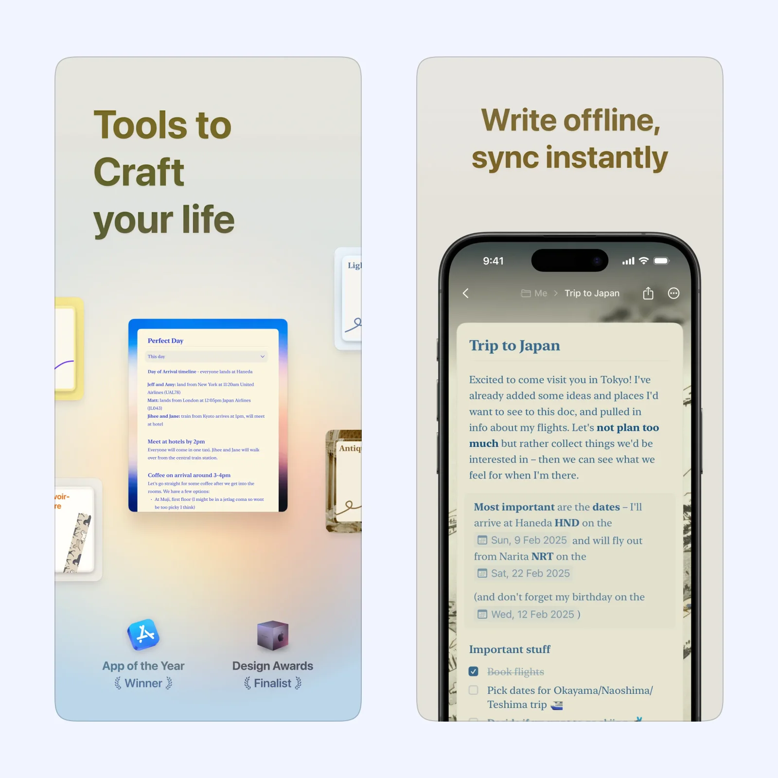Craft screenshots show a document workspace and an offline trip plan with tasks.