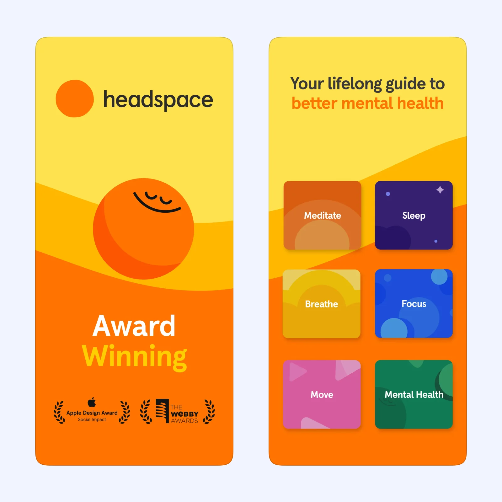 Headspace screenshots show guided meditation, sleep, and daily practice options.