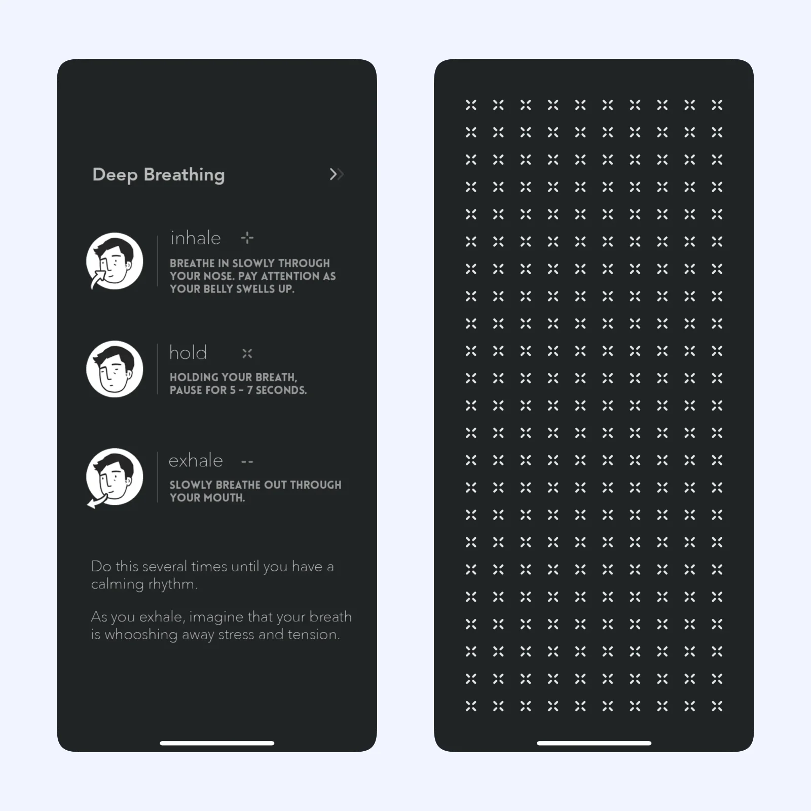 kipkam screenshots show a minimal guided breathing session and calm visual timer.