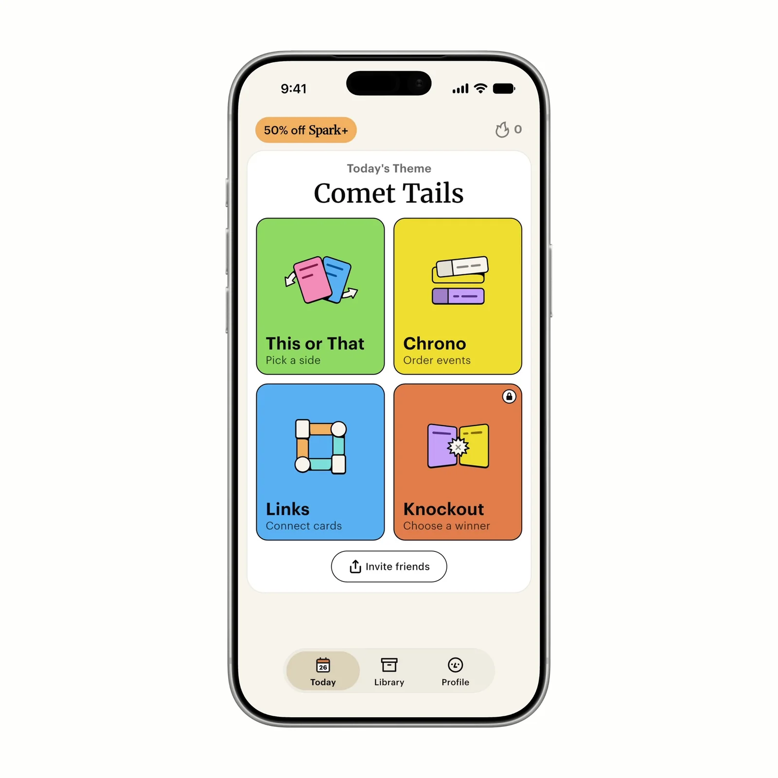 A Spark social slide shows the Comet Tails theme with This or That, Chrono, Links, and Knockout puzzle cards.