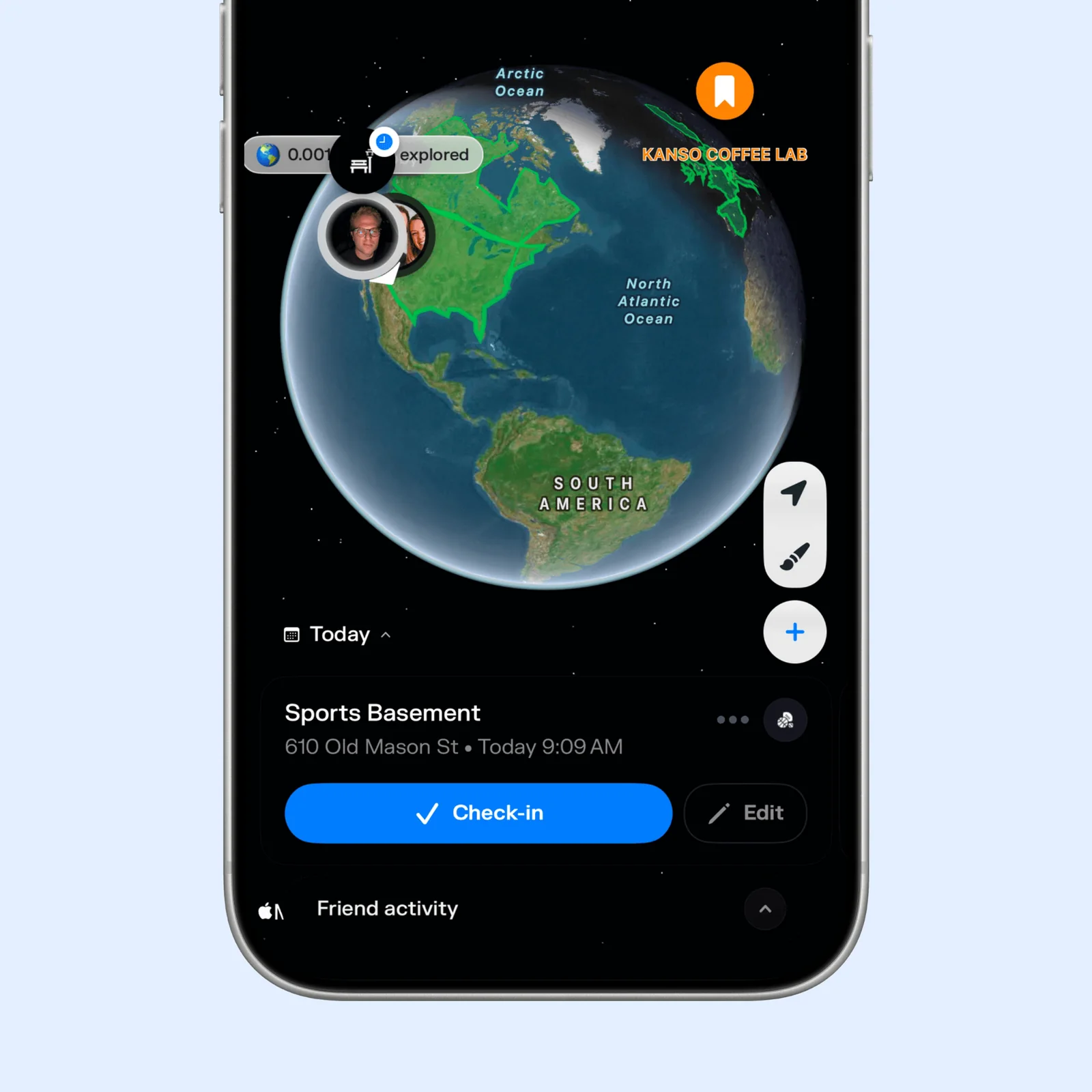 Superlocal shows a globe with explored areas, a check-in card, and saved places.