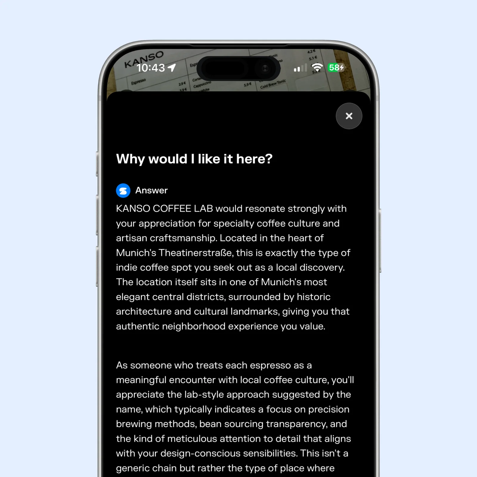 Superlocal explains why a particular coffee shop matches the user's saved preferences.