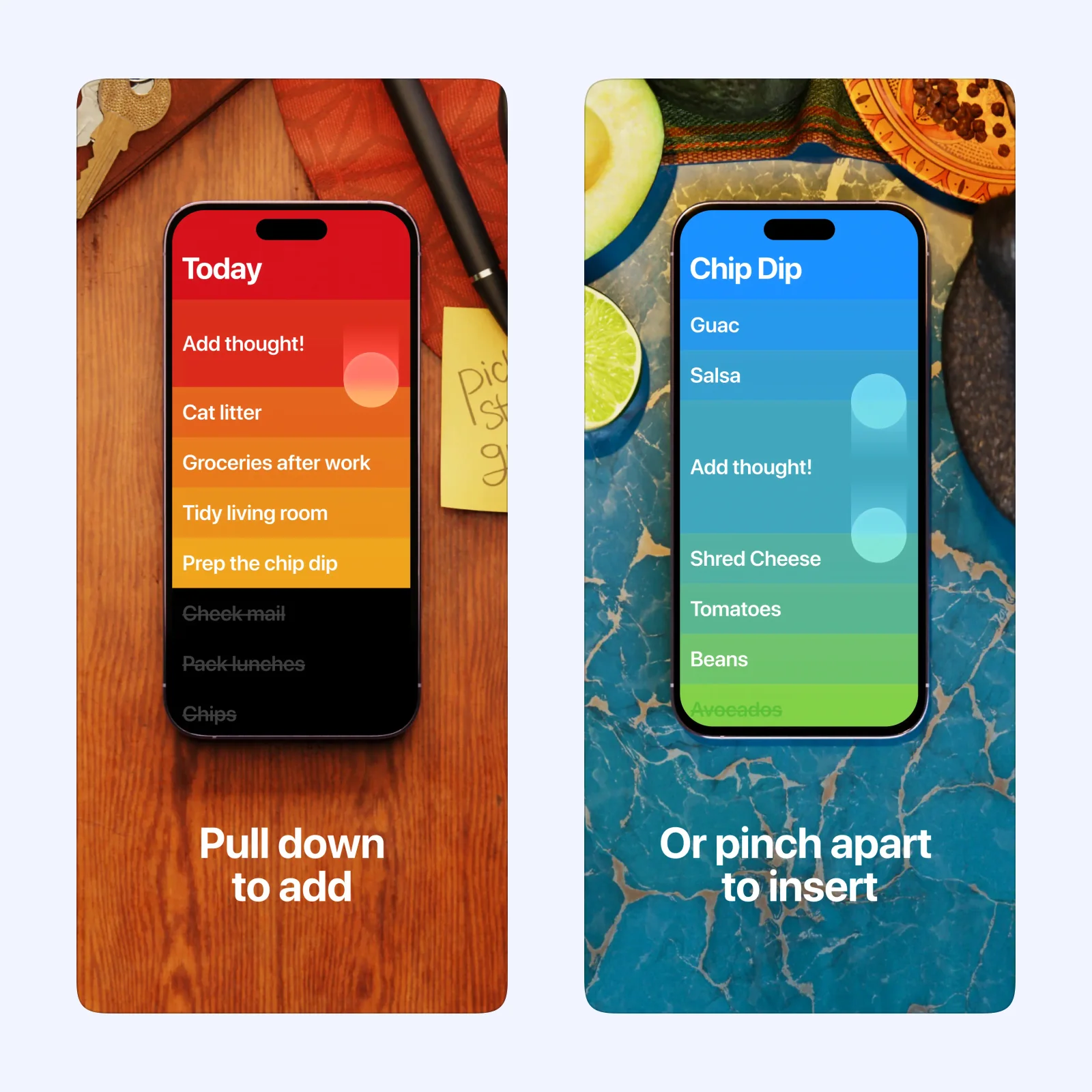 Clear screenshots show colorful lists and gesture-based task controls.