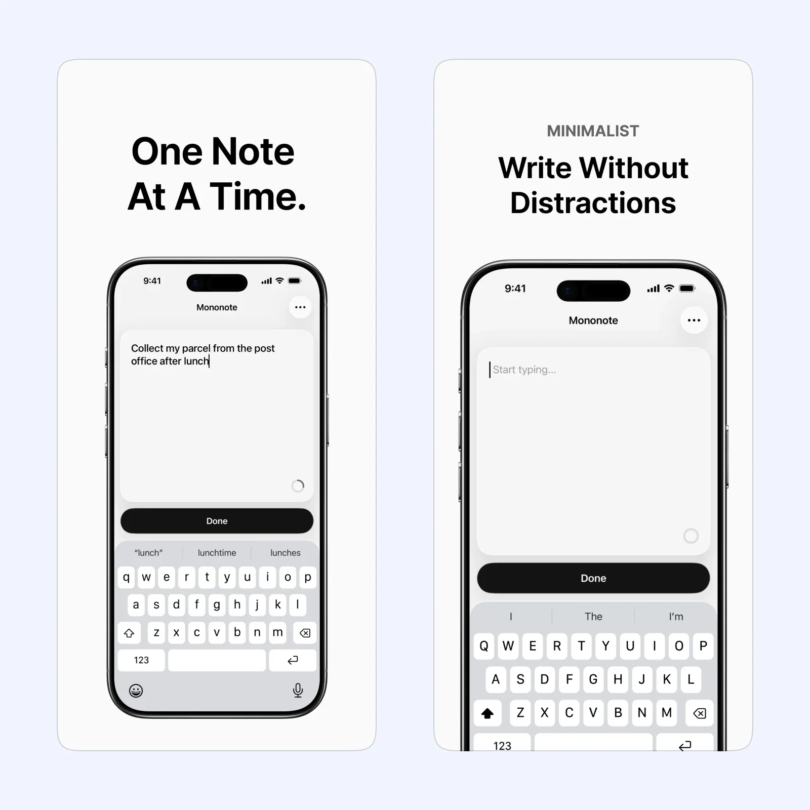 Mononote screenshots show one simple note and its Home Screen widget.