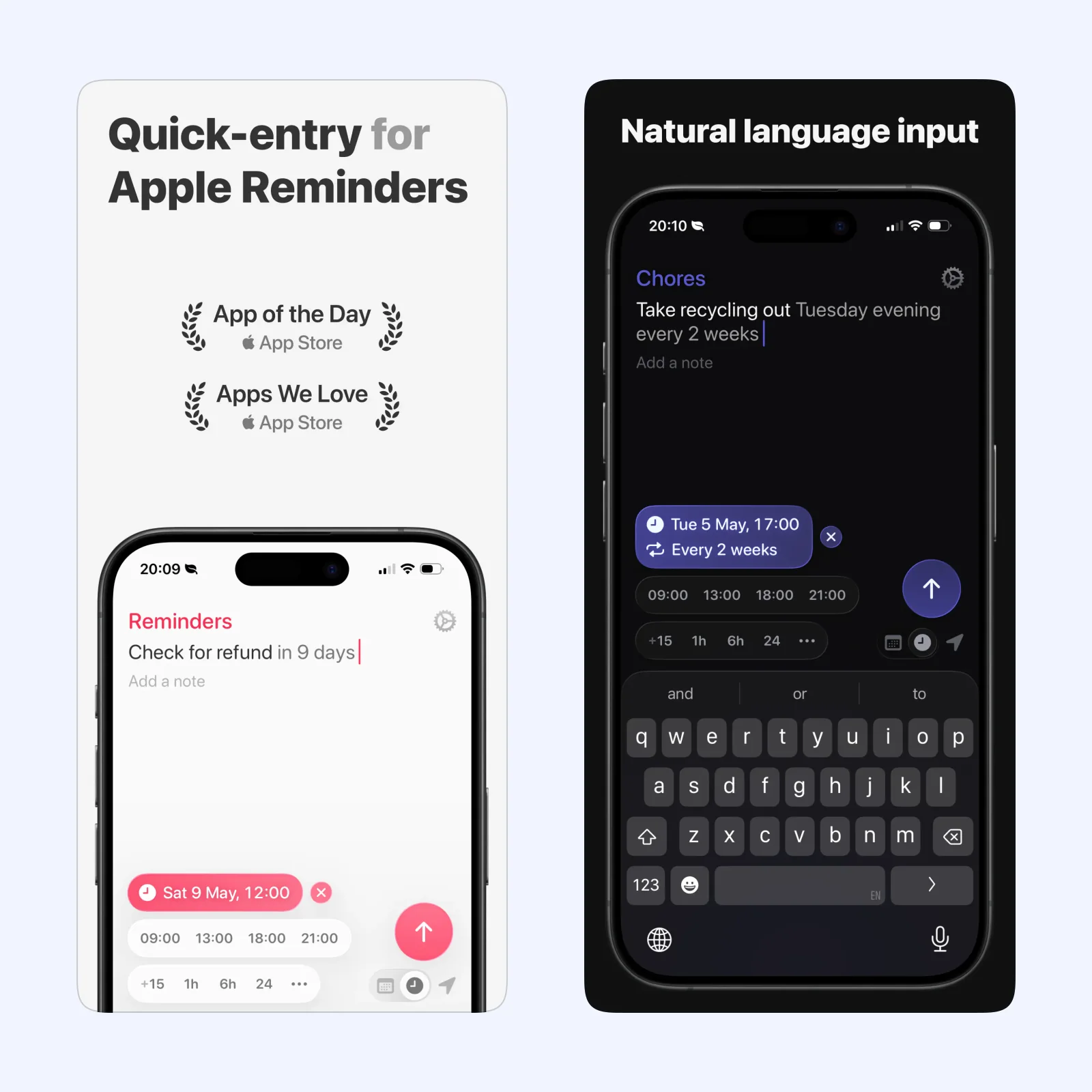 Remind Me Faster screenshots show a compact task field with date and list controls.
