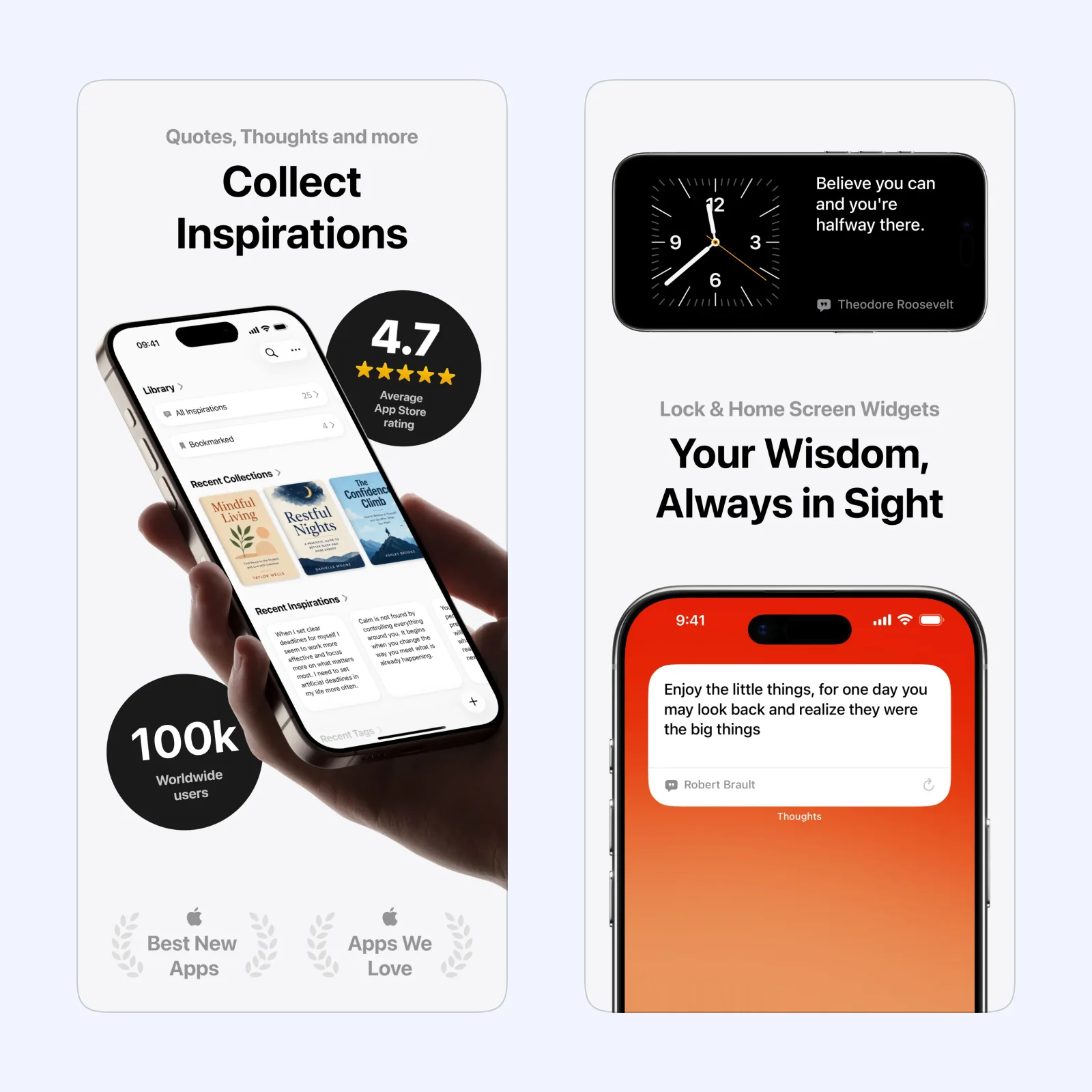 Thoughts screenshots show saved ideas, writing views, and organization controls.