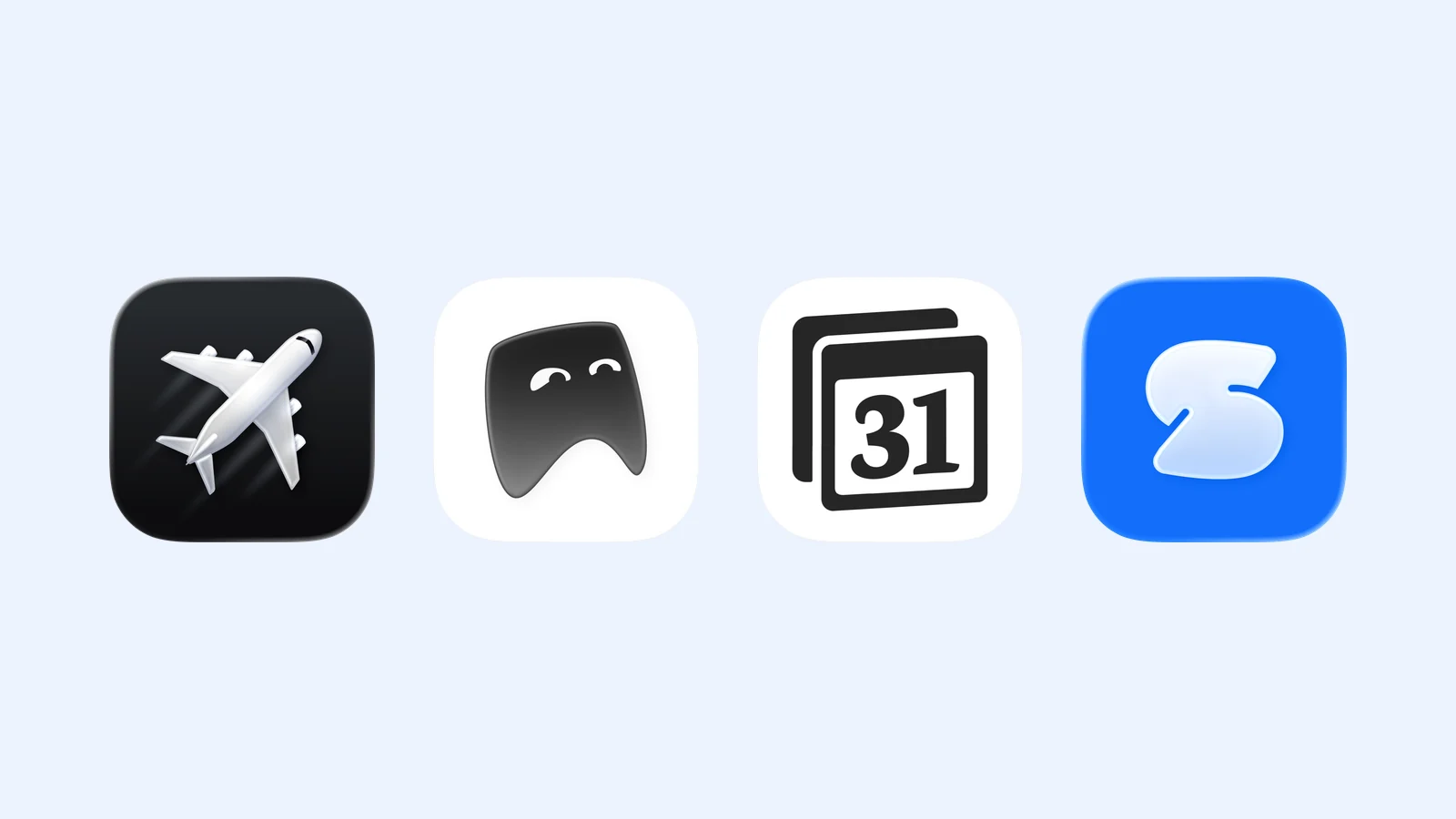 The Flighty, Albo, Notion Calendar, and Superlocal icons on pale blue