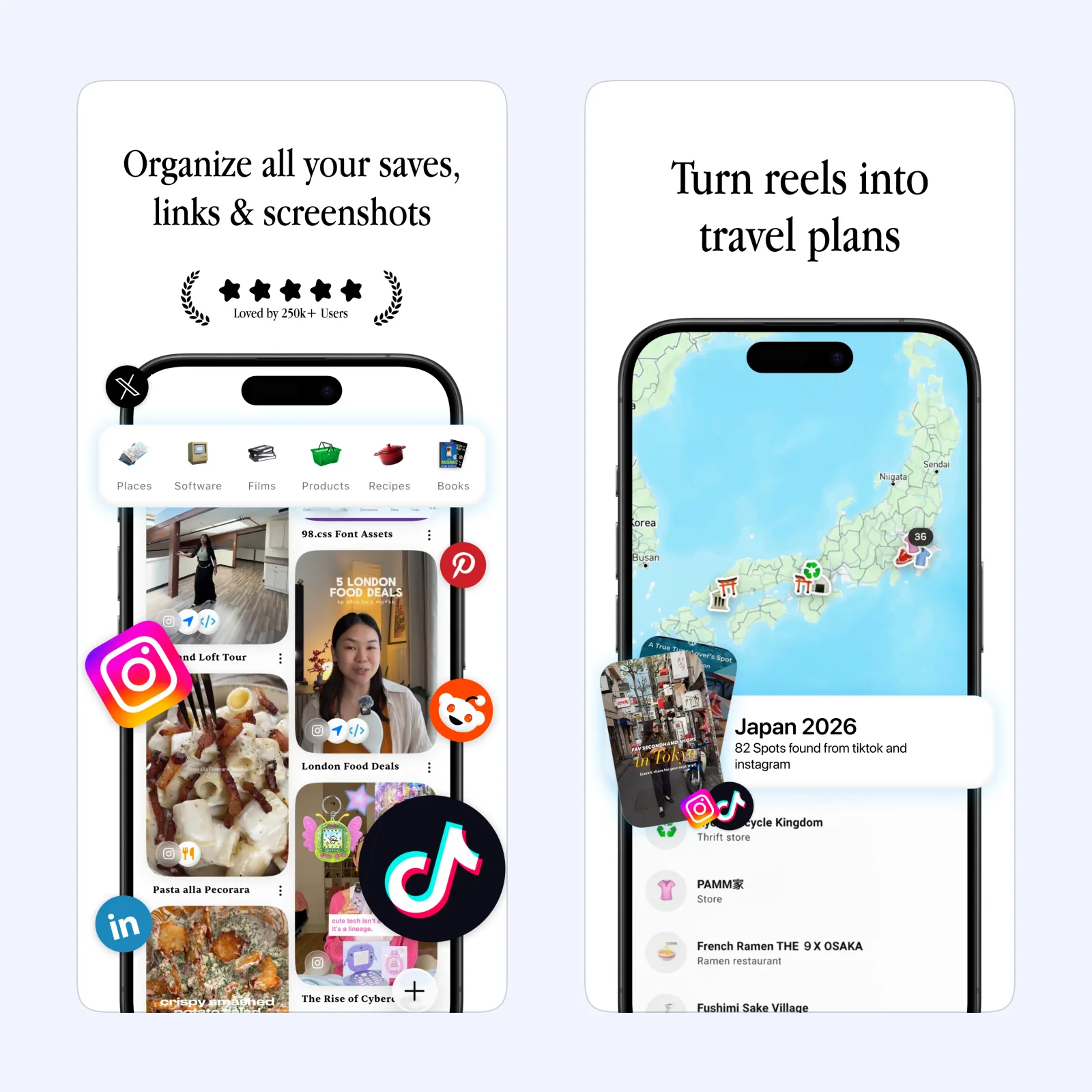 Albo App Store screens show saved links and screenshots organized into a travel plan and map.
