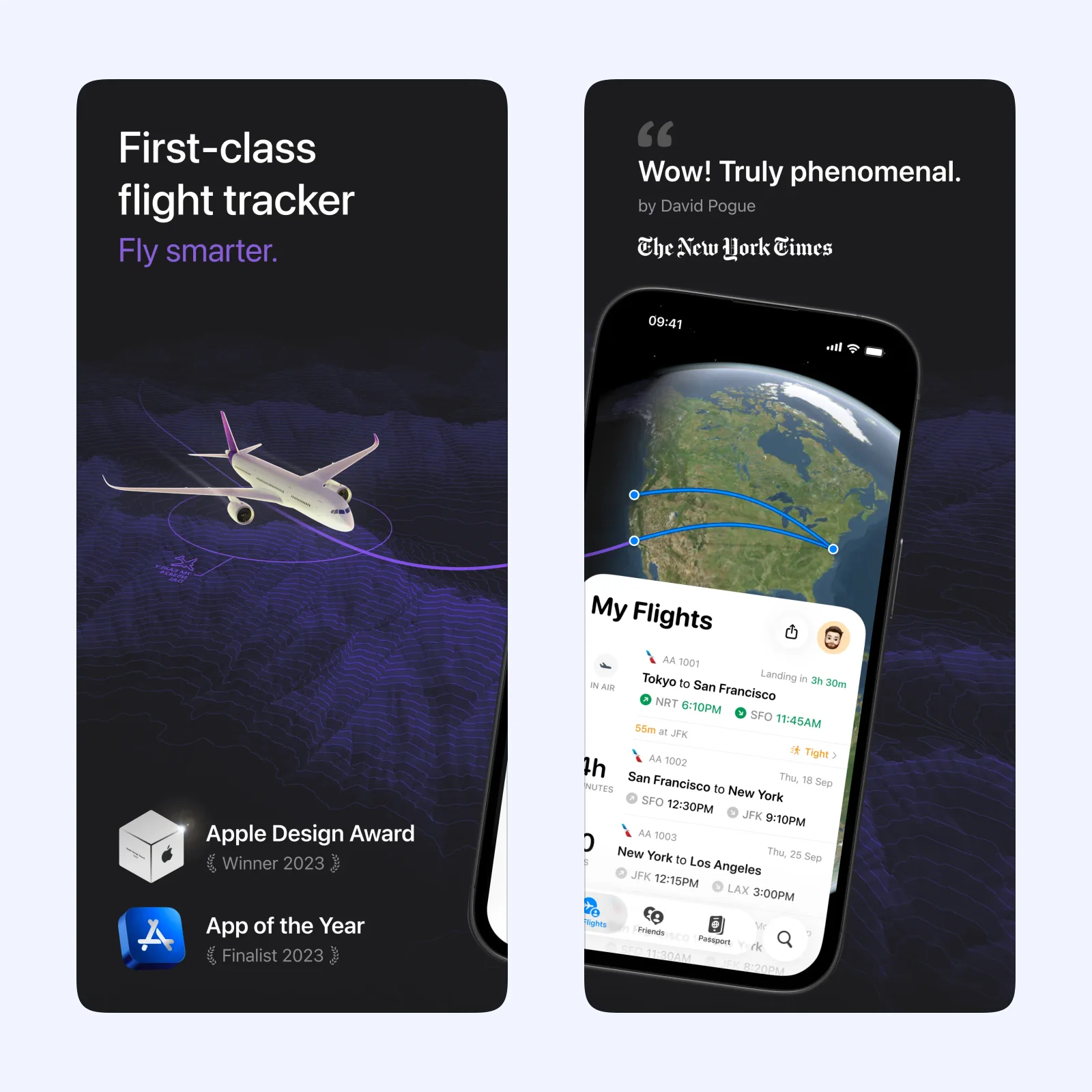 Flighty App Store screens show its flight map, upcoming flights, and route details.