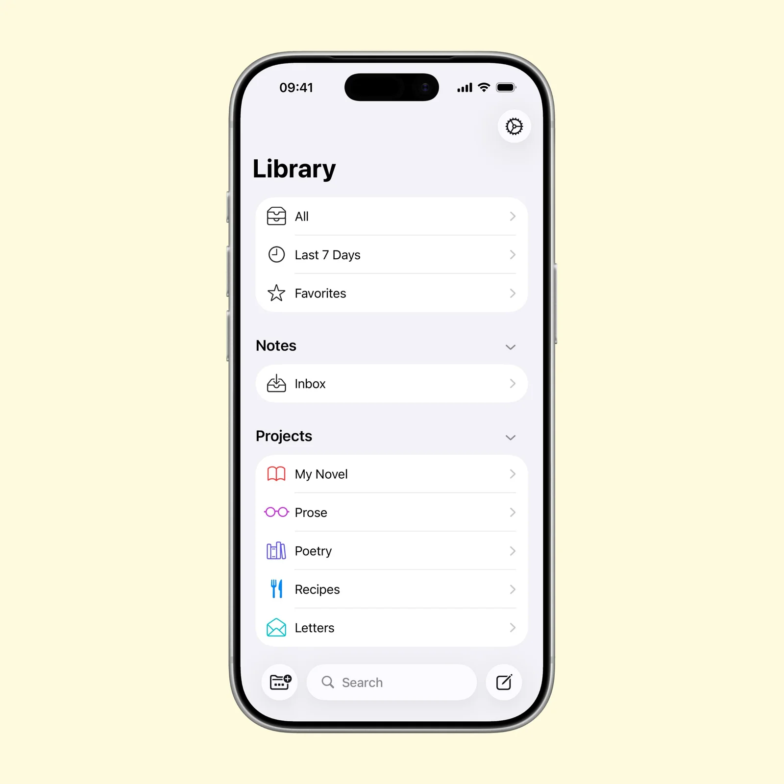 Ulysses shows library groups, recent writing, favorites, and projects on an iPhone.