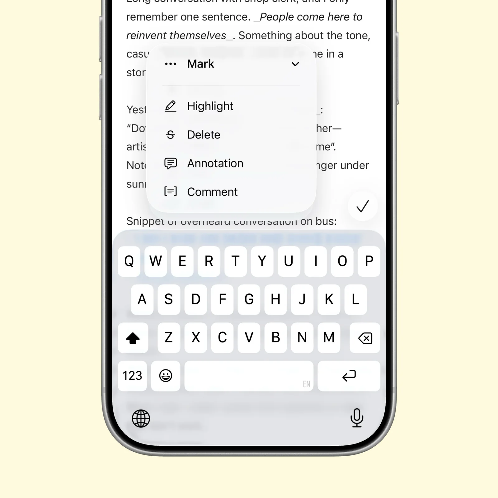 Ulysses shows markup options for highlights, annotations, and comments above the keyboard.