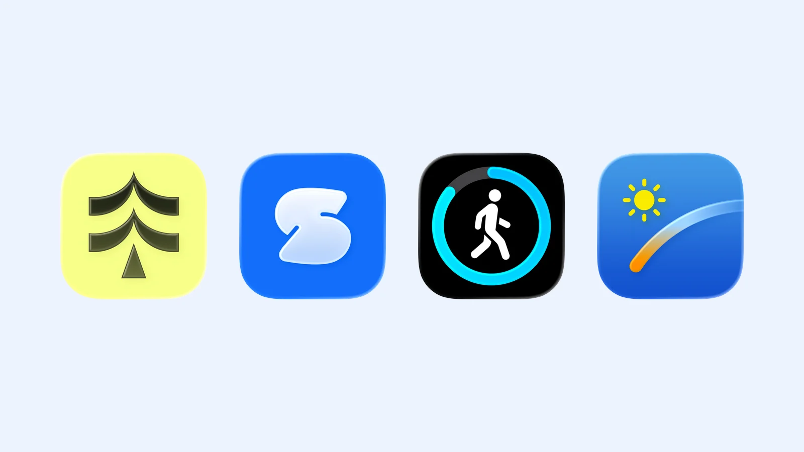 Four walking and exploration app icons on pale blue