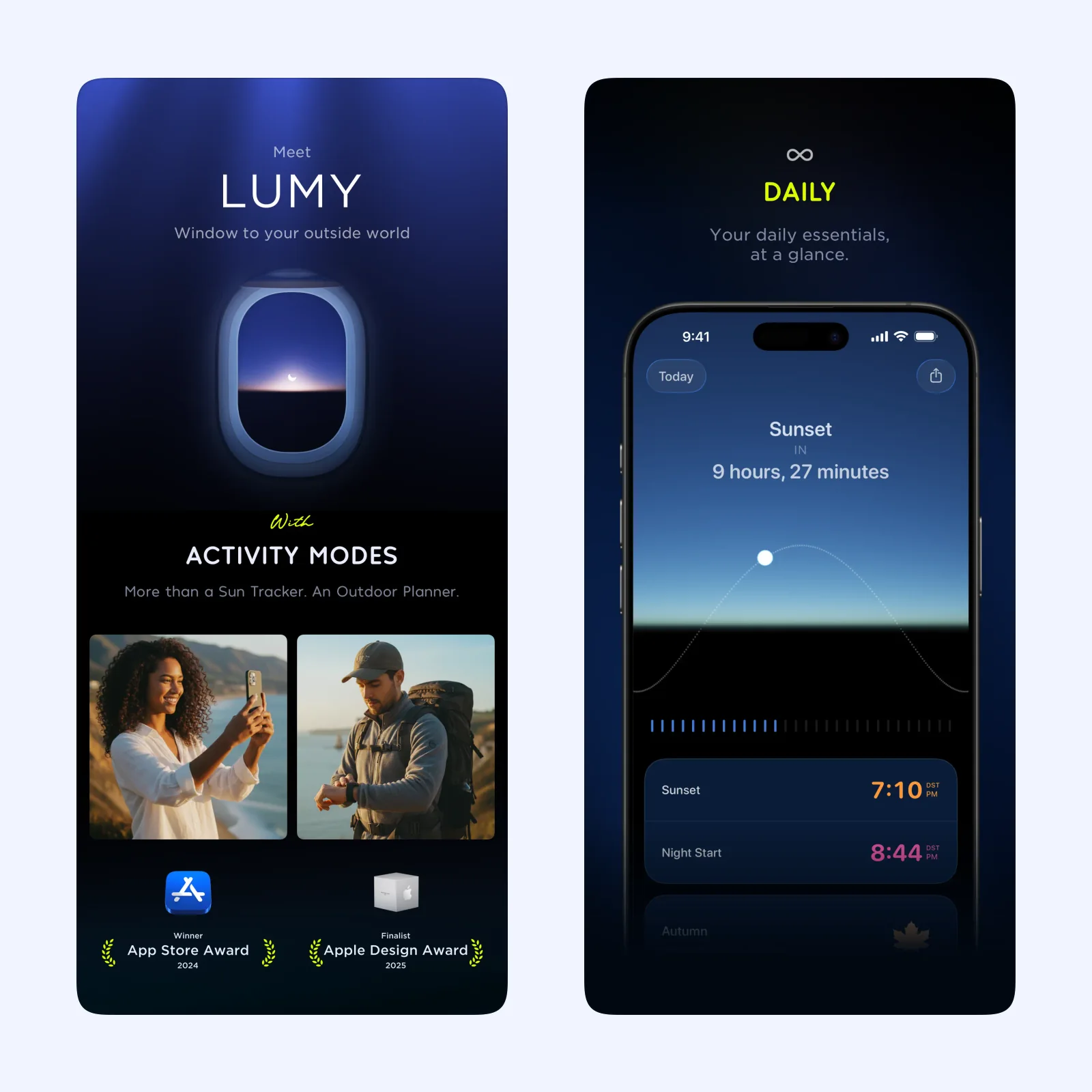Lumy screenshots show sunrise, sunset, golden hour, and sun-position information.