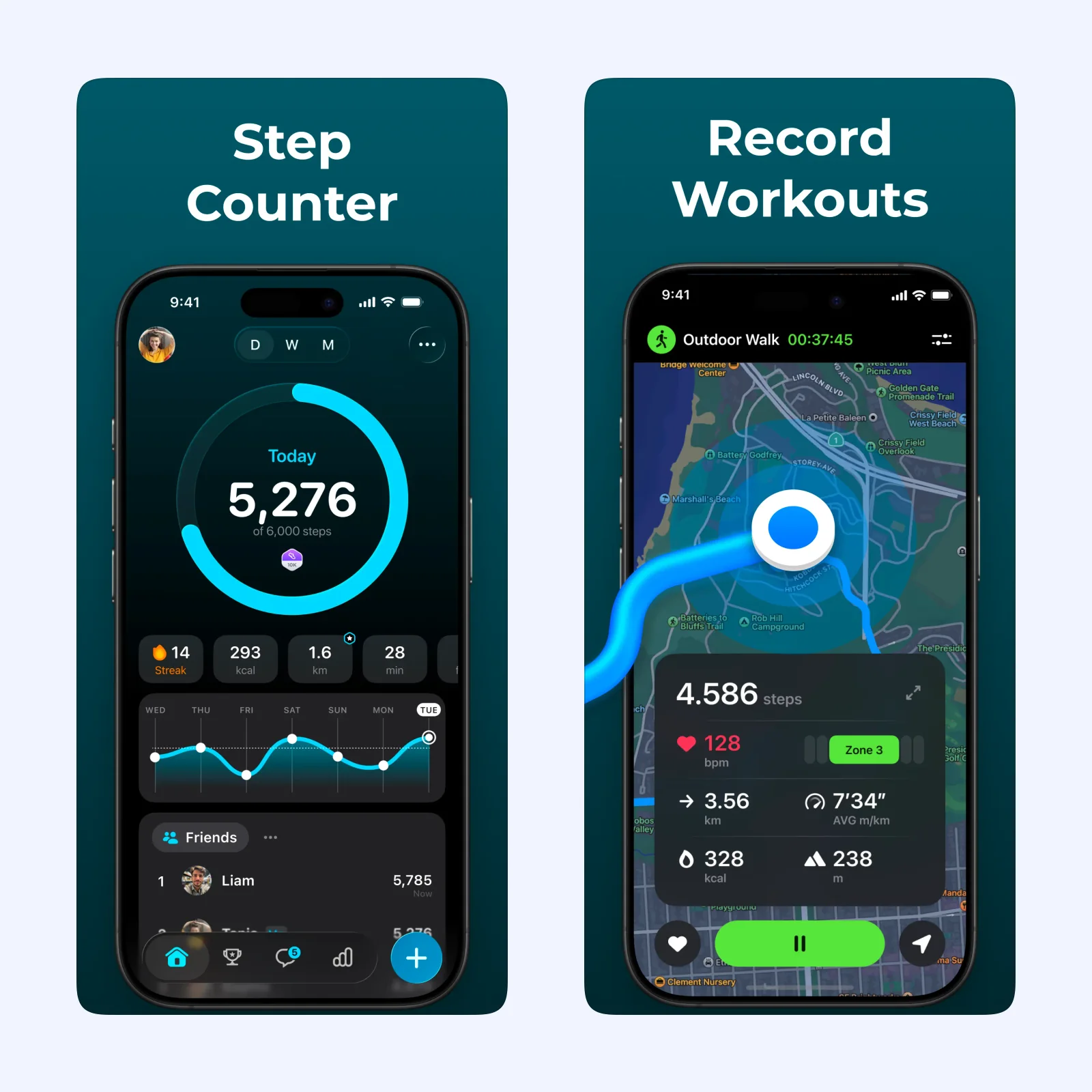 StepsApp screenshots show a daily step total, trend chart, and goal progress.