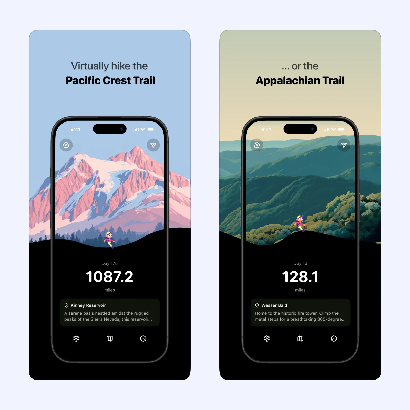 Thru screenshots show step progress mapped onto a long-distance trail.