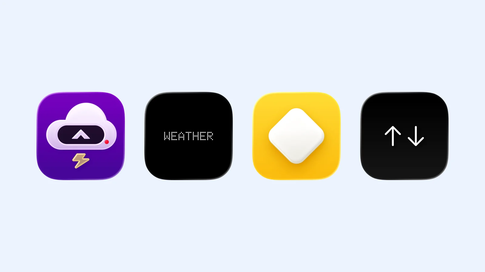 Four distinct weather app icons on a pale blue background