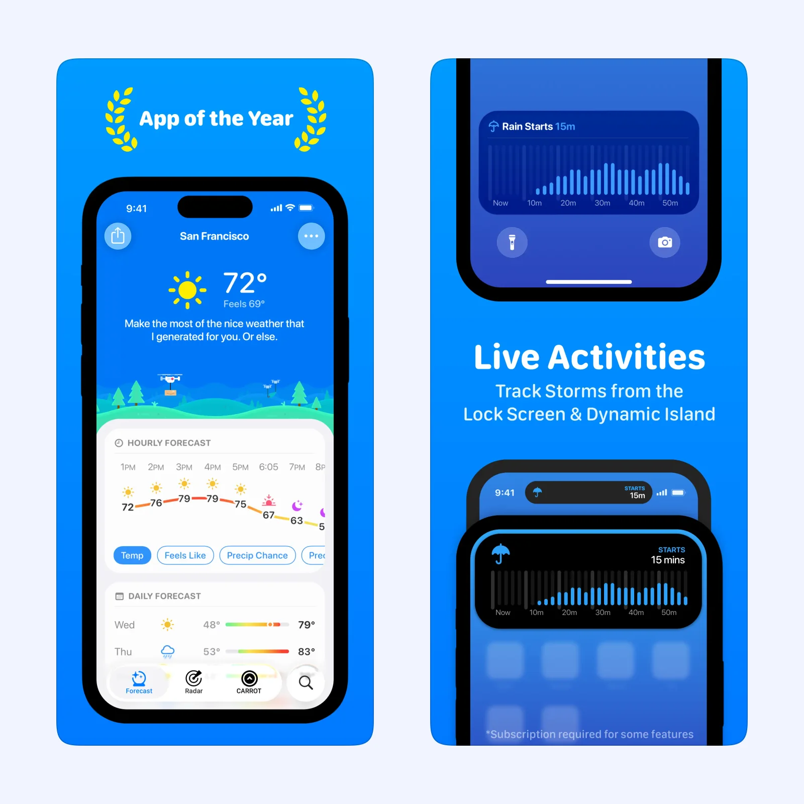 CARROT Weather screenshots show a detailed forecast and its distinctive interface.