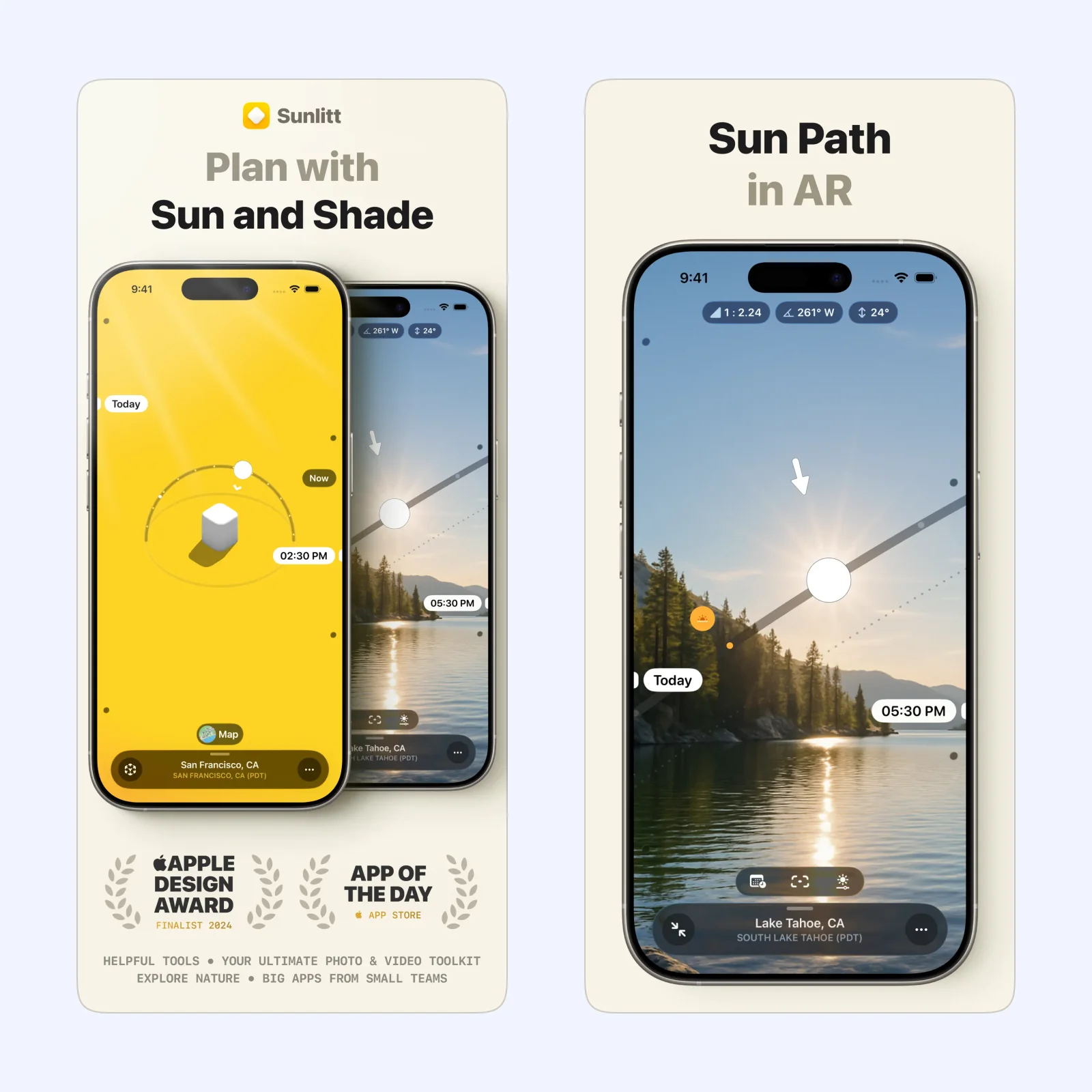 Sunlitt screenshots show sun paths, light direction, and golden-hour planning.