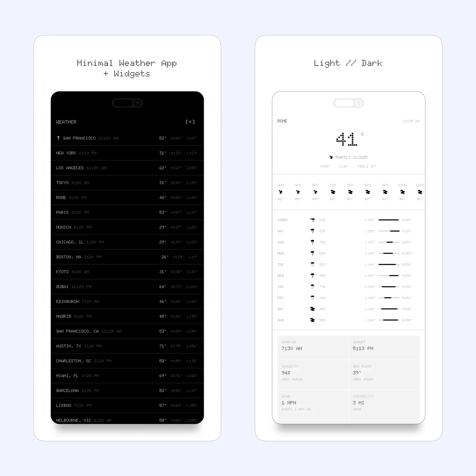Weather Terminal screenshots show temperature and conditions in a pixel-style layout.