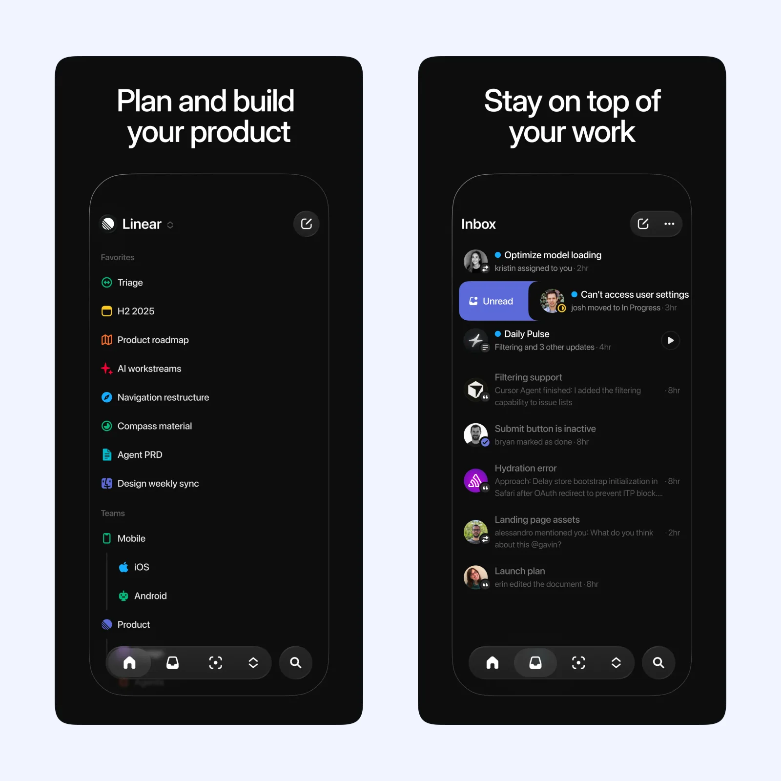 Linear Mobile screenshots show an issue list and issue detail controls.
