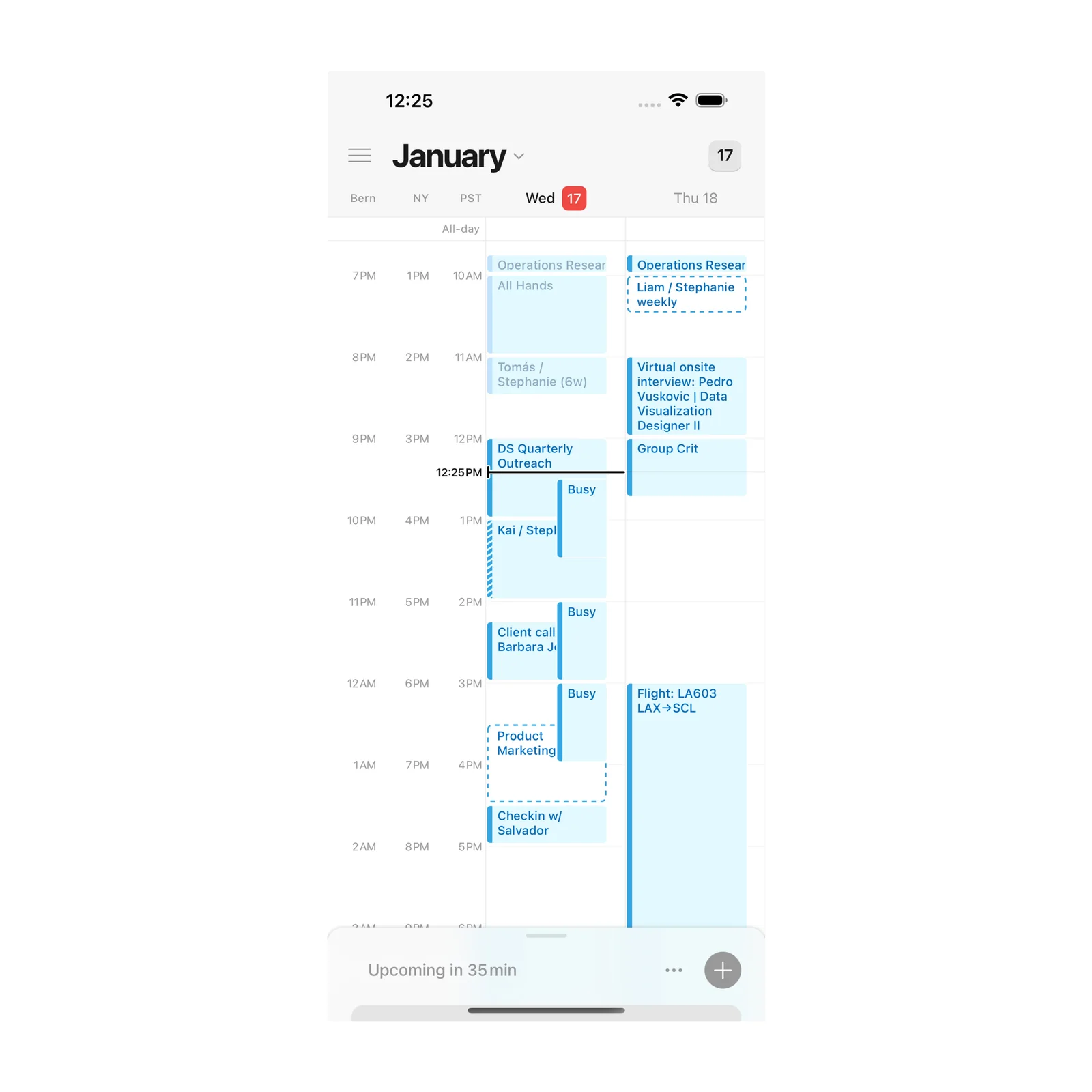 Notion Calendar shows several calendars and time zones in one iPhone view.