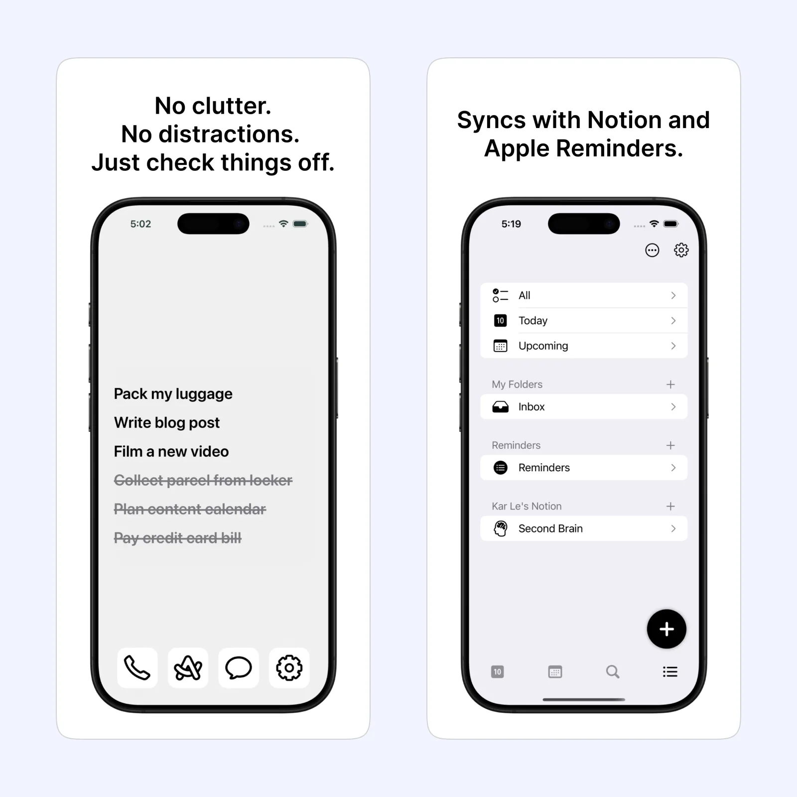 SyncTasks screenshots show Notion tasks syncing with Apple Reminders.