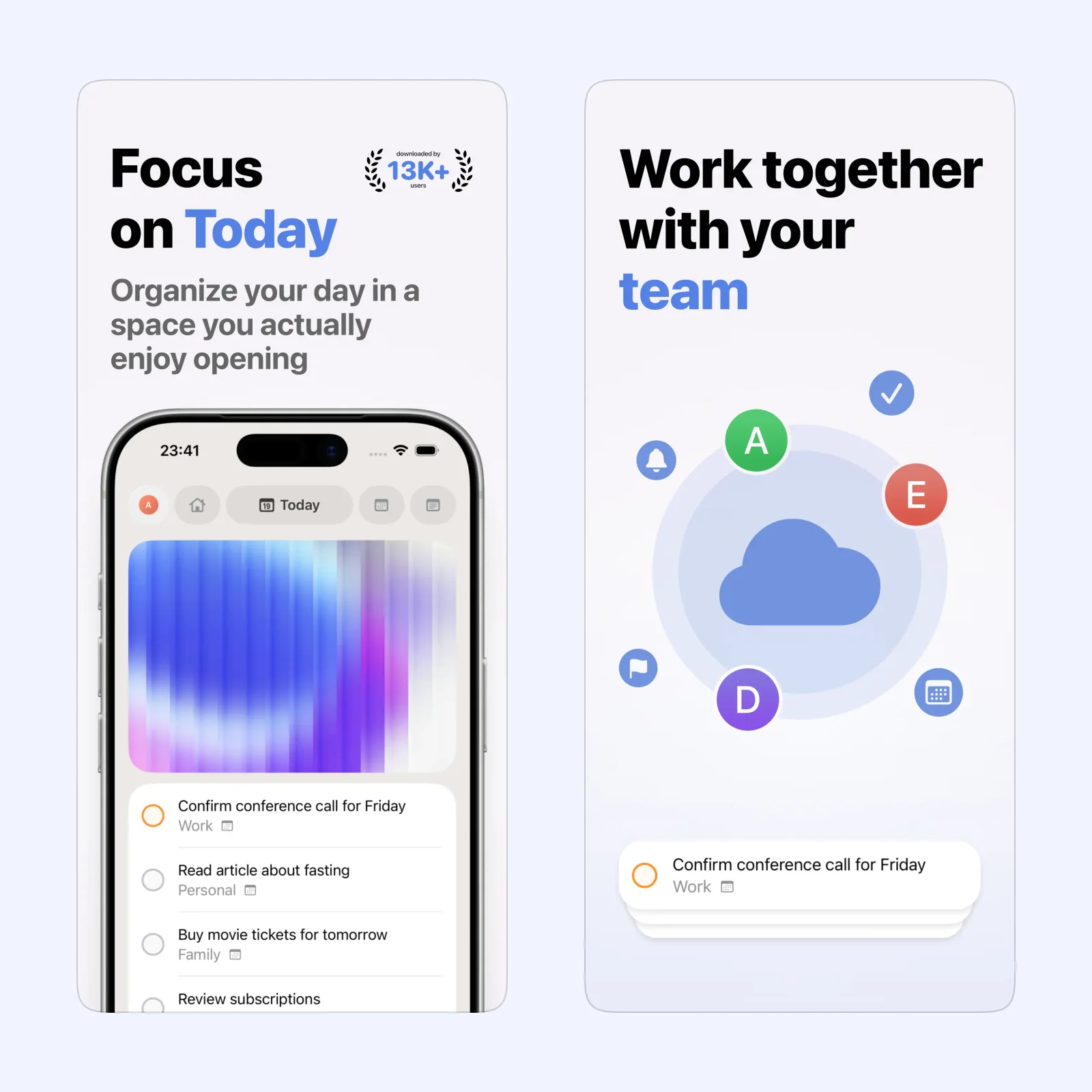 Today App screenshots show tasks, calendar events, and notes together.