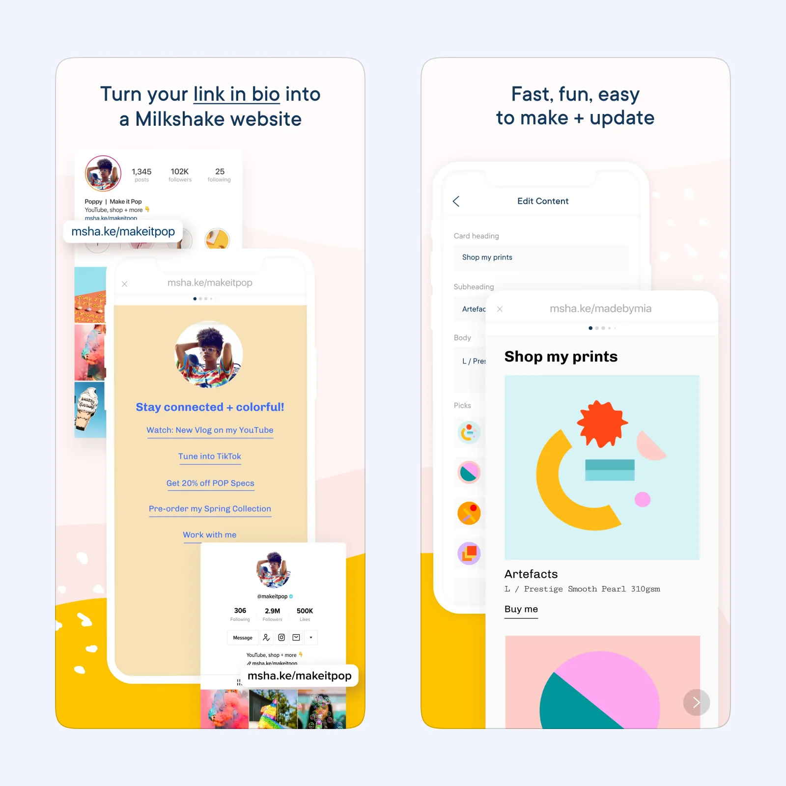 Milkshake screenshots show colorful card pages for links, work, and social profiles.