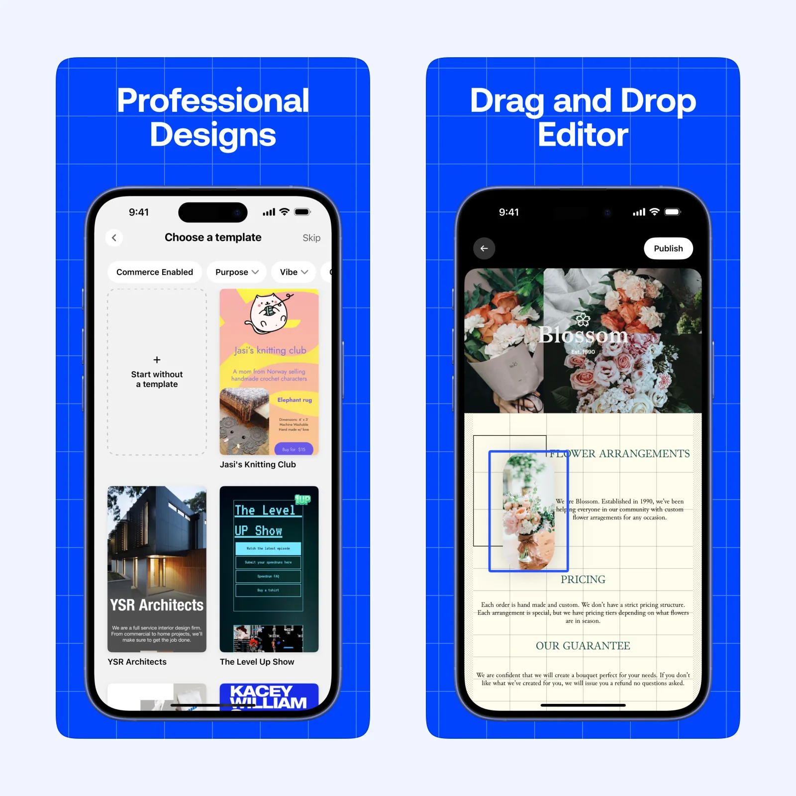 Universe screenshots show a phone-based grid editor and published website.