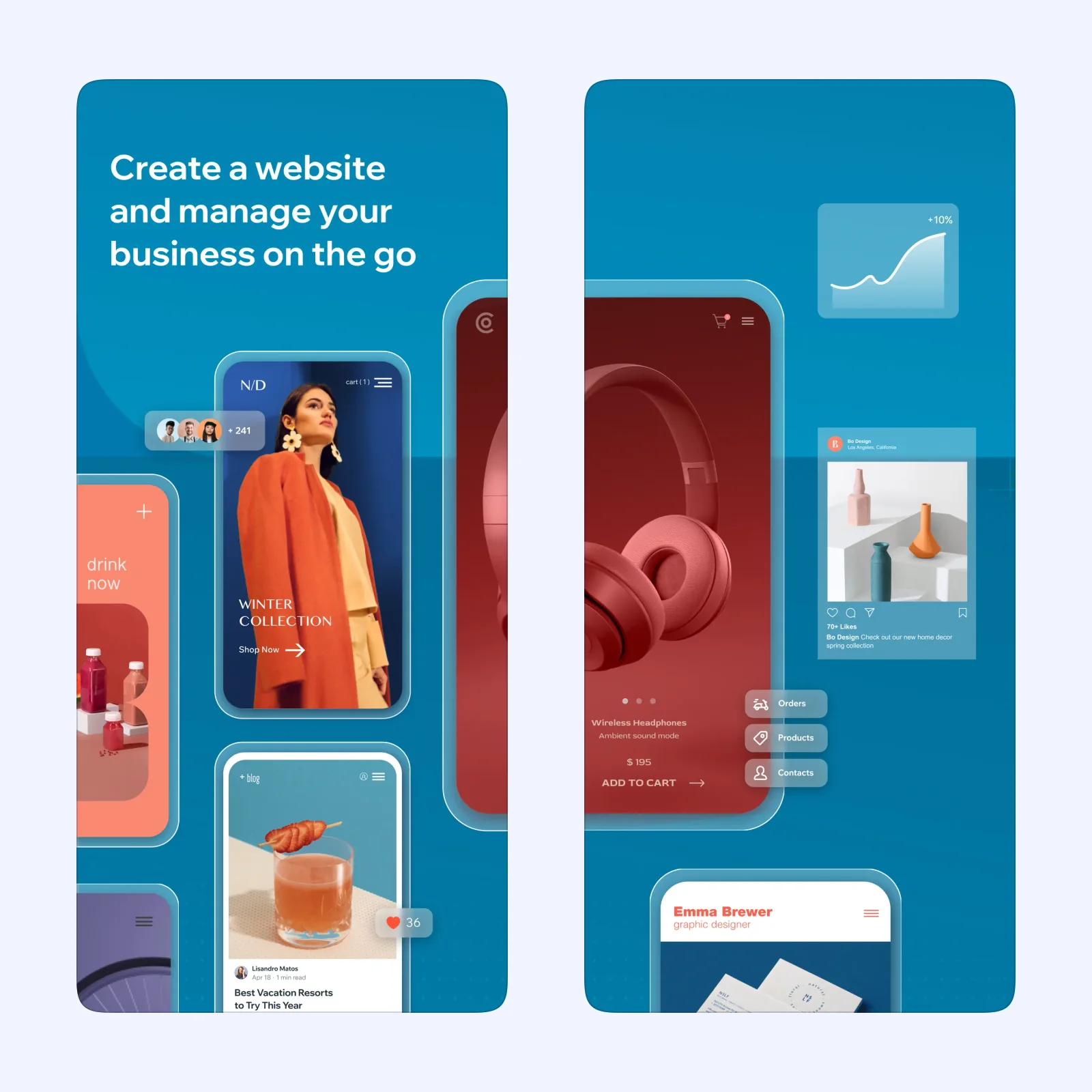 Wix screenshots show mobile website editing and site management controls.