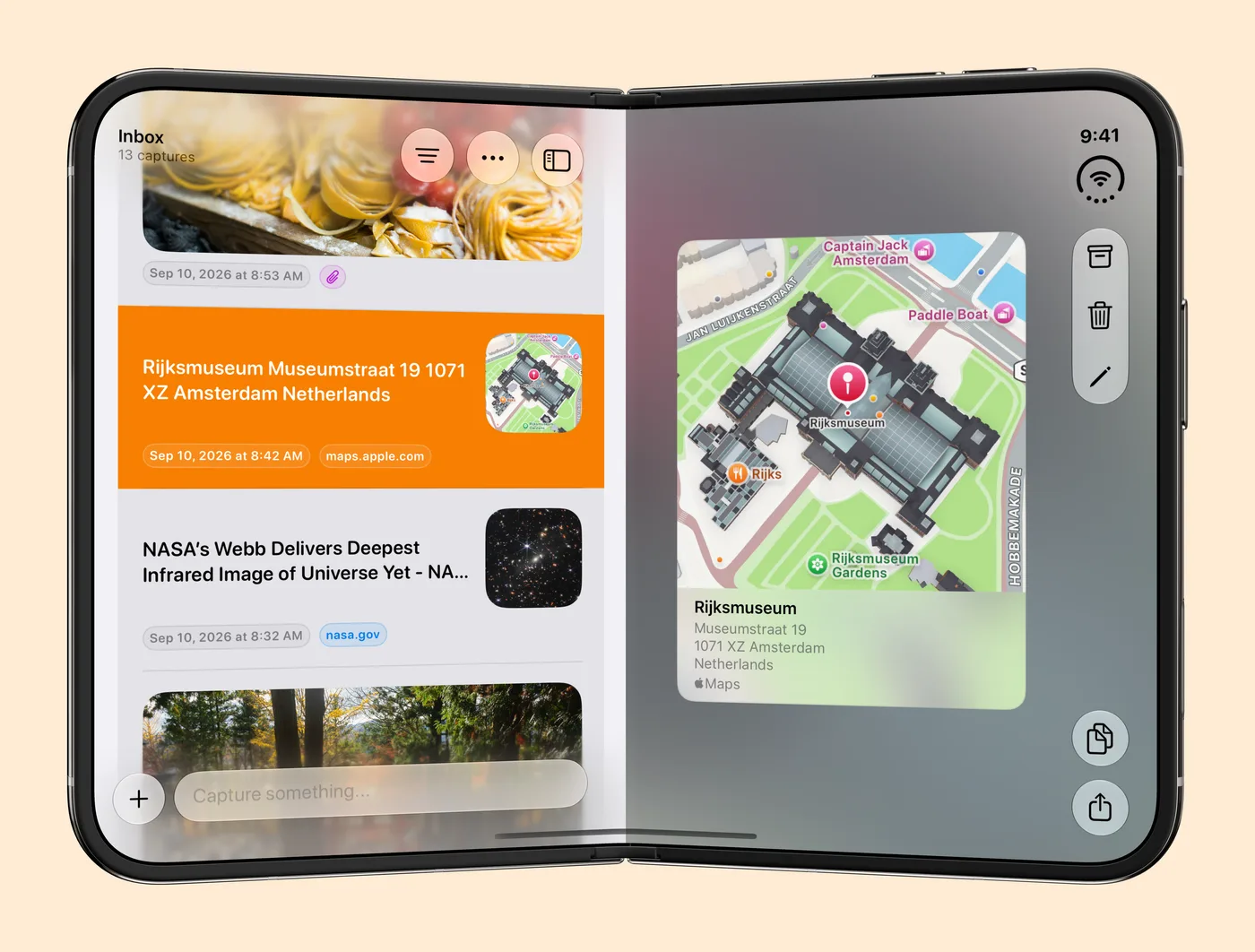 iPhone Duo held open like a book, with the Inbox on the left and a saved Rijksmuseum location open on the right