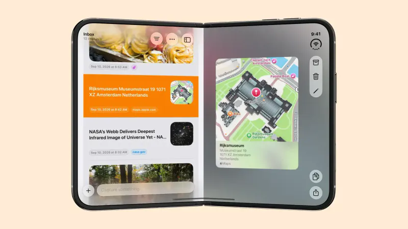 iPhone Duo held open like a book, with the Inbox on the left and a saved Rijksmuseum location open on the right