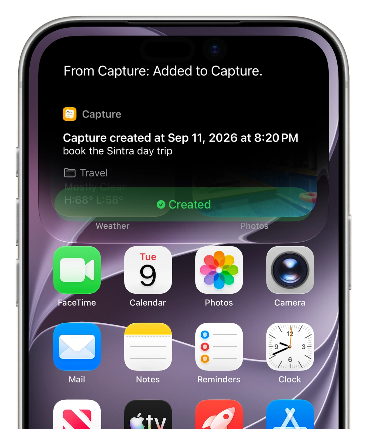 Siri creates the capture and shows it landing in the Travel list