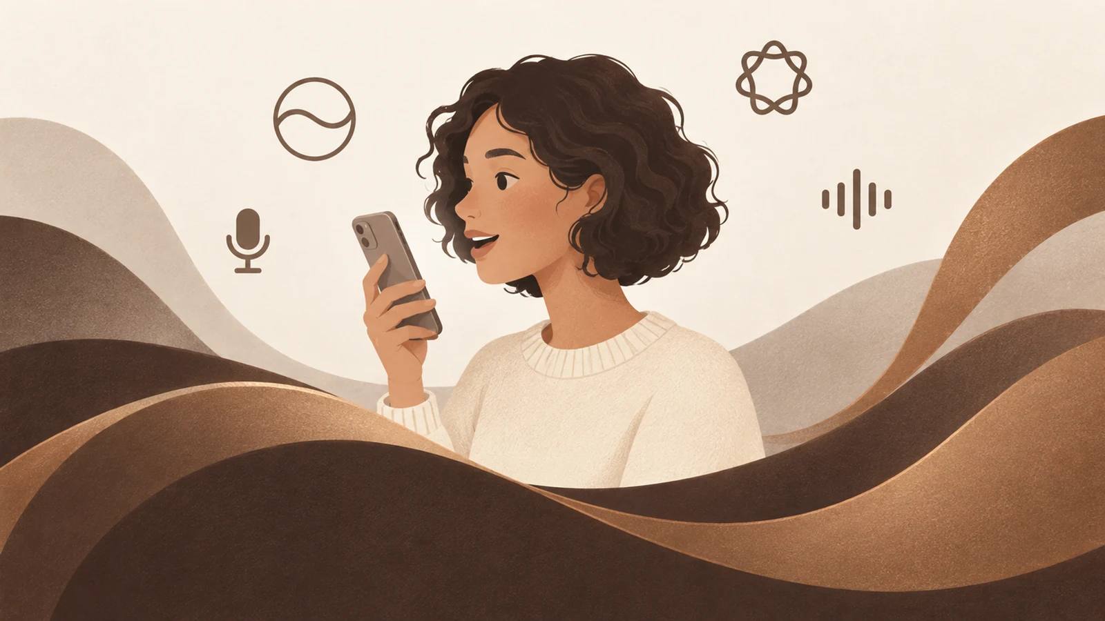 An illustration of someone speaking into their phone, surrounded by a microphone, a waveform and Apple Intelligence glyphs