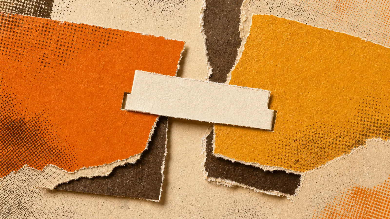 Two paper work surfaces separated by a torn gap, with one slip bridging it and resting in a small notch