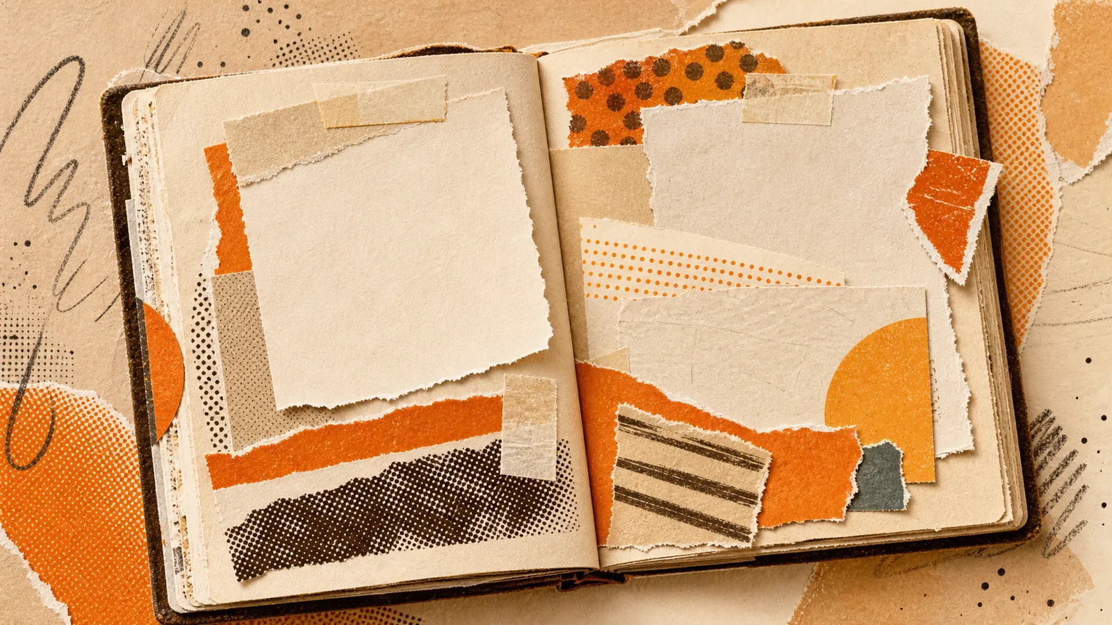 An open paper journal whose page is being assembled from small collected slips rather than written