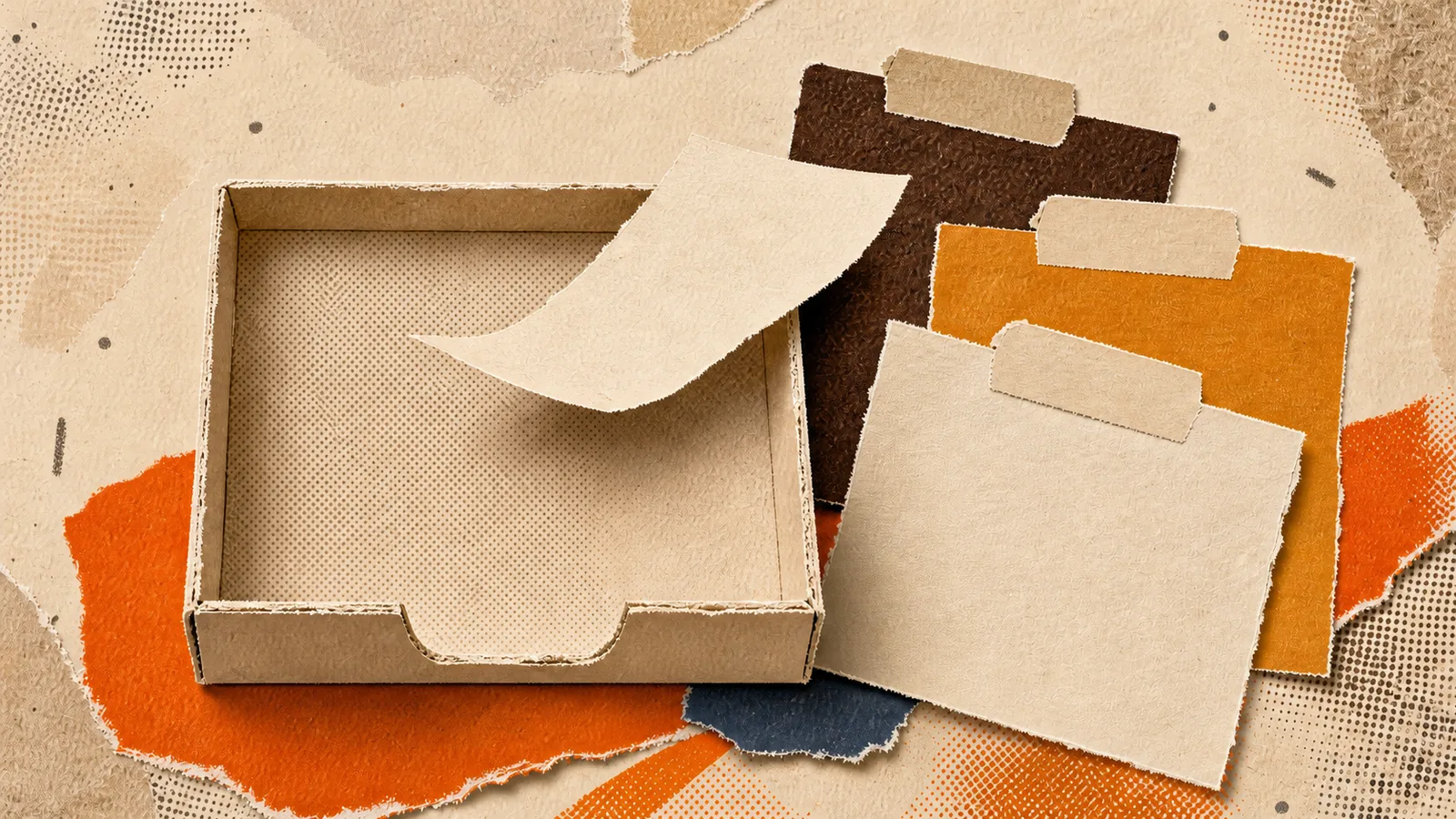 An empty paper tray photographed from above, its last slip lifting away toward three labelled sleeves
