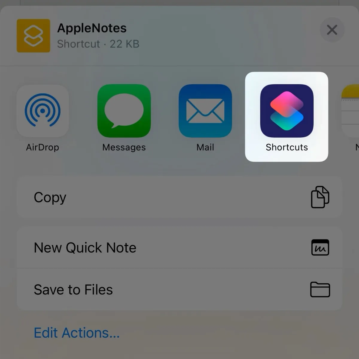 Capture tutorial showing how to add a bundled export shortcut in Apple Shortcuts