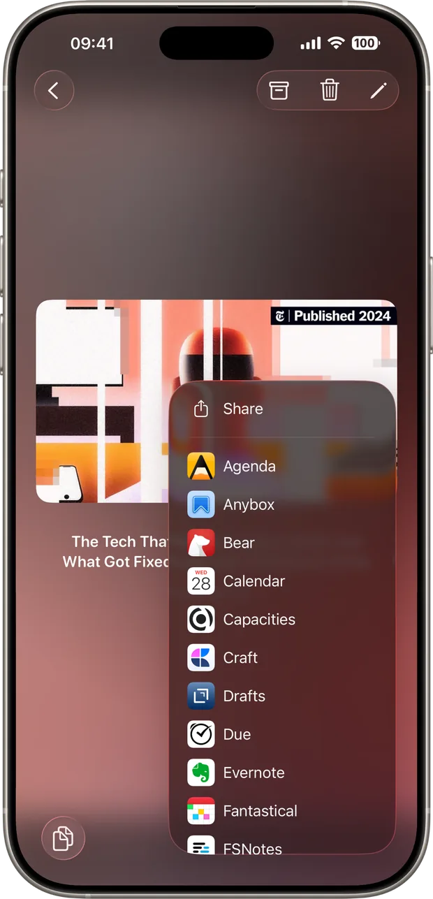 Sending a saved article from Capture to another app through the export menu