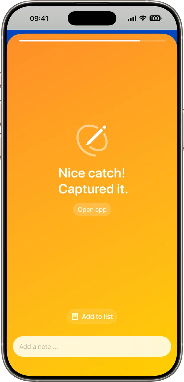 Capture confirming a note was saved from the iOS share sheet