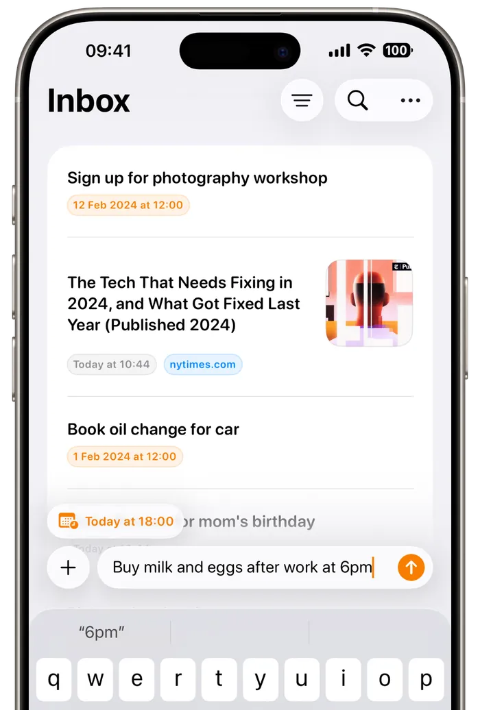 The Capture inbox on iPhone showing saved notes, links and dated reminders
