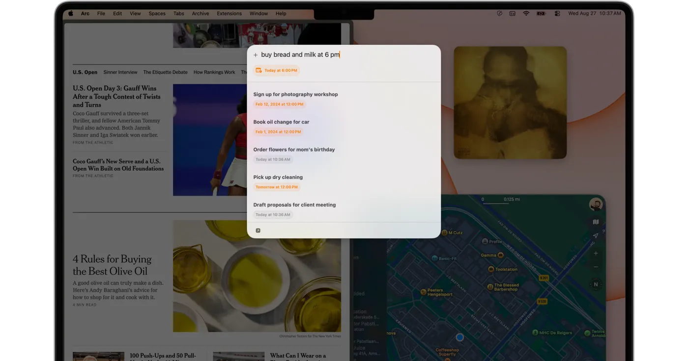 The Quick Capture panel open over a browser on macOS, listing recent captures