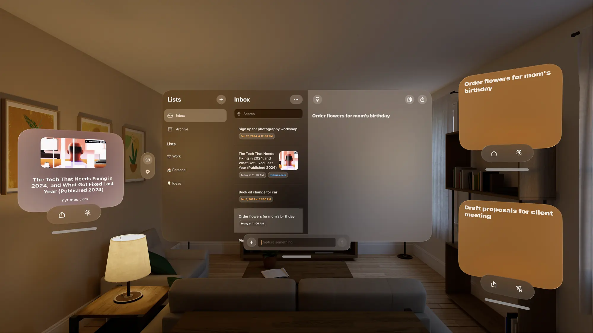 Capture running as spatial windows on Apple Vision Pro, with the inbox beside a captured link and note